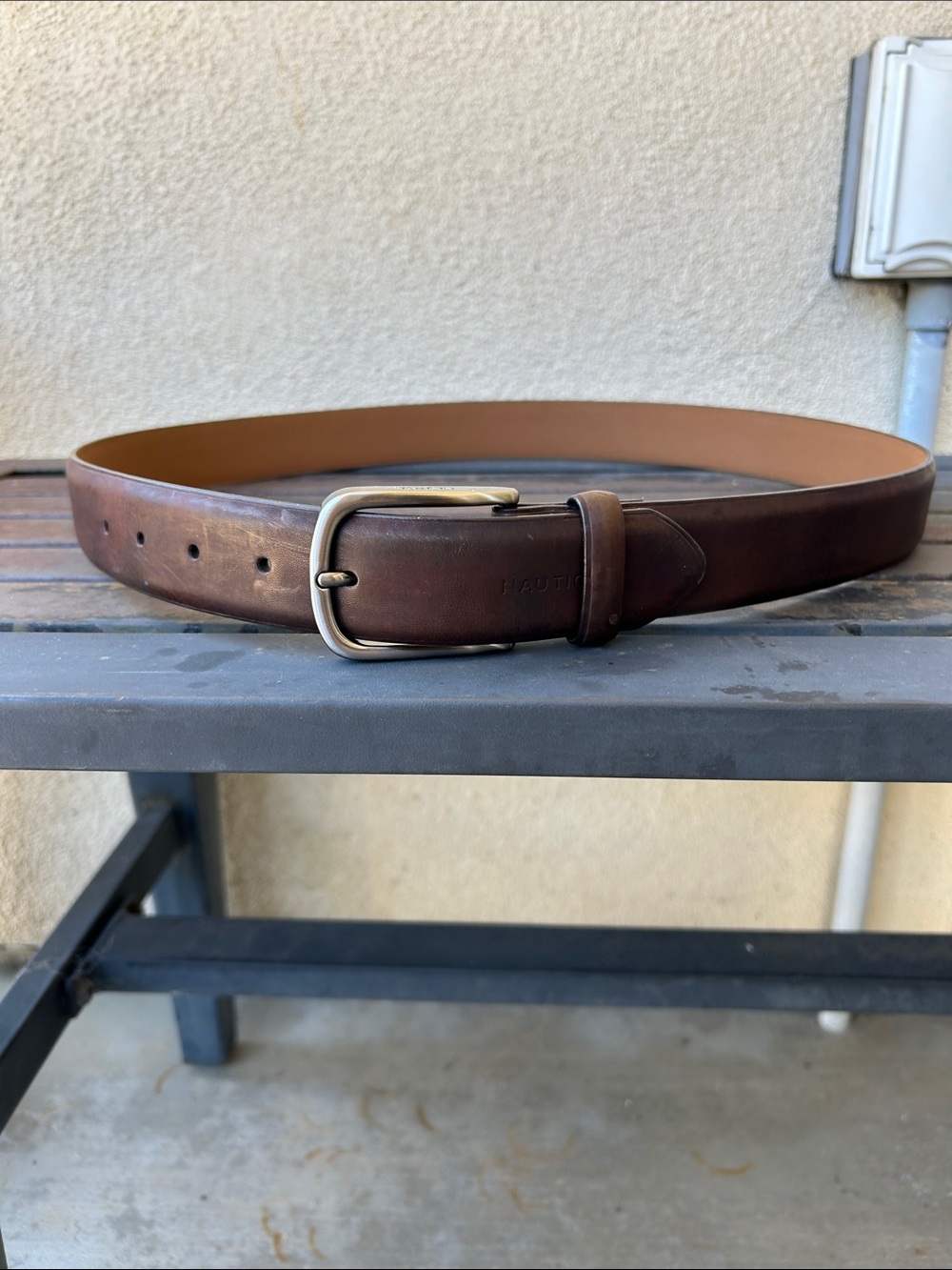 Nautica Brown Leather Belt with Brass-Tone Buckle